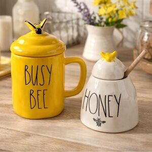 Rae Dunn Busy Bee Yellow Mug Honey Jar Dipper 2pc Farmhouse Cottage Whimsical